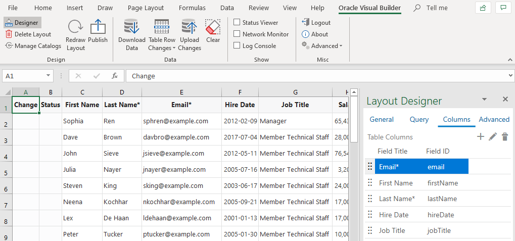 The image shows initial data table in the Excel workbook and the Layout Designer where you configure the data table.