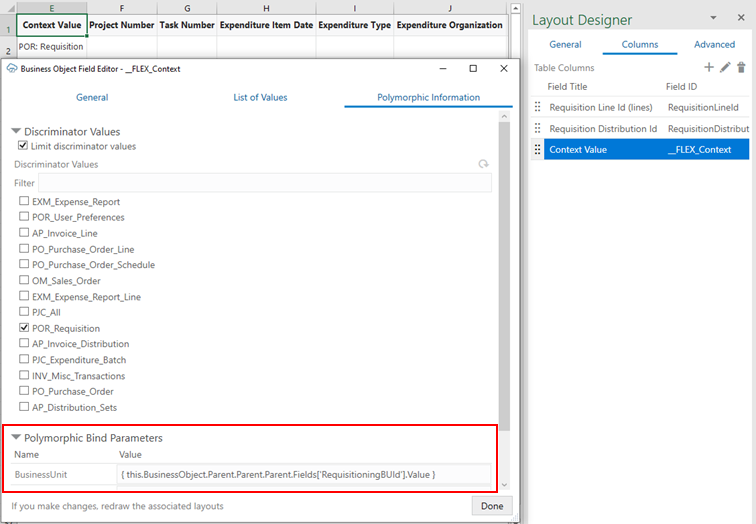 The Polymorphic Information page of the Business Object Field Editor showing the bind parameters for a list of values on a DFF