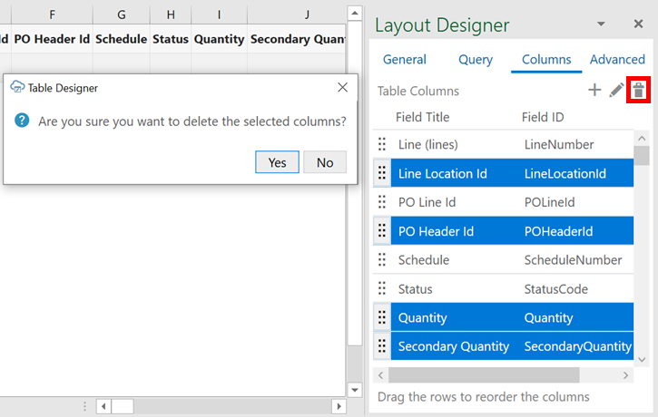 The Columns tab of the Layout Designer showing table columns selected for deletion