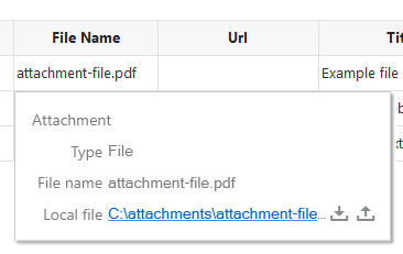 This image shows the Attachment pop-up window displaying a link to the local file.