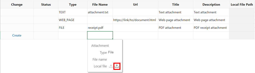 This image shows an attachment table layout displaying the Attachment pop-up window.