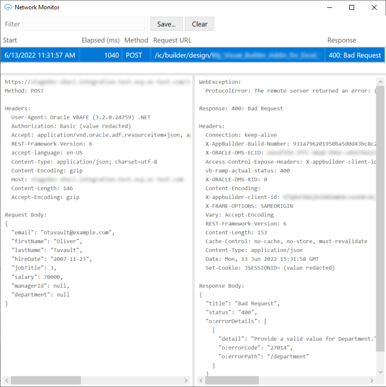 Network Monitor showing a failed GET request