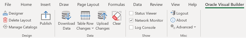 The Oracle Visual Builder tab that appears in Excel after you install the add-in