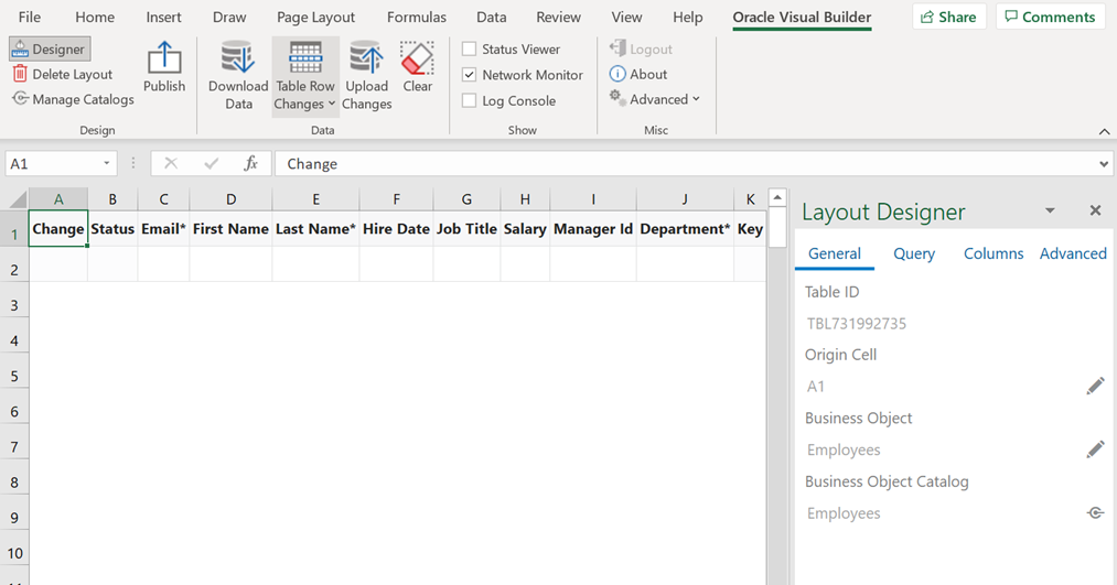 The data table and Layout Designer that appear in the Excel workbook after you specify the business object from which you
				want to download data.