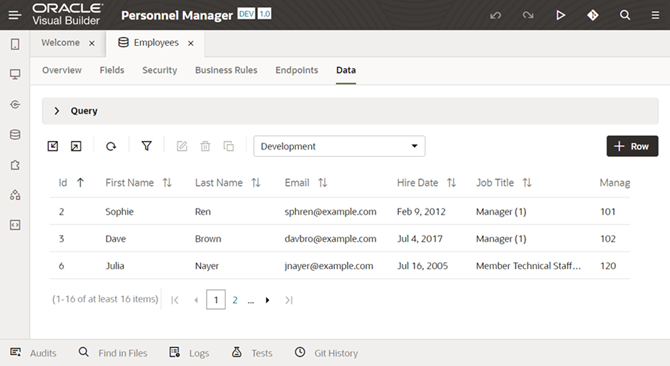 A data table in the Excel workbook with employee data, such as name, email, department, and hire date.