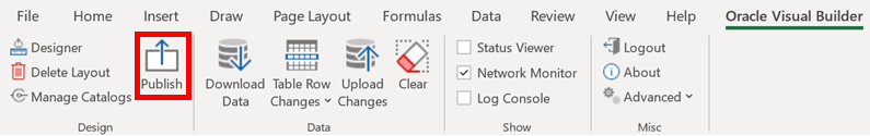 The image shows the shows the Oracle Visual Builder tab with the Publish command in focus.