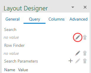 The image shows the Layout Designer's Query tab with the Edit icon in focus.
