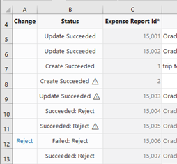 This image shows warning icons in the Status column following an upload.