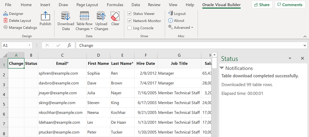 The image shows the shows the Oracle VBCS tab and the initial data table in the Excel workbook.