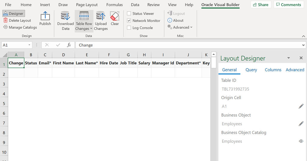 The data table and Layout Designer that appear in the Excel workbook after you specify the business object from which you
				want to download data.