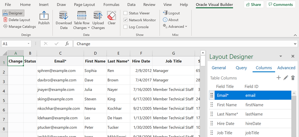 The image shows initial data table in the Excel workbook and the Layout Designer where you configure the data table.