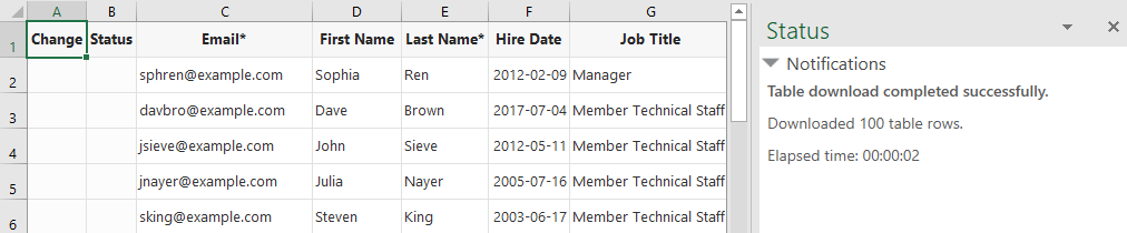 Shows a data table in the Excel workbook with employee data, such as name, email, department, and hire date.