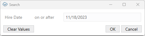 Search prompt that returns rows with a hire date on or after 11/18/2023