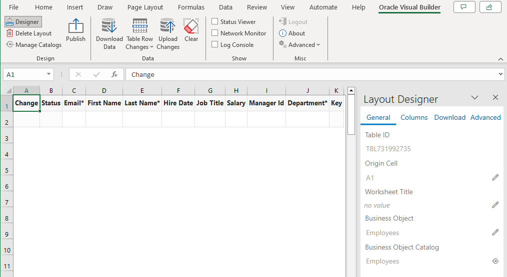 The data table and Layout Designer that appear in the Excel workbook after you specify the business object from which you
				want to download data.