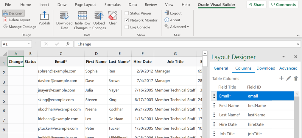 The image shows initial data table in the Excel workbook and the Layout Designer where you configure the data table.