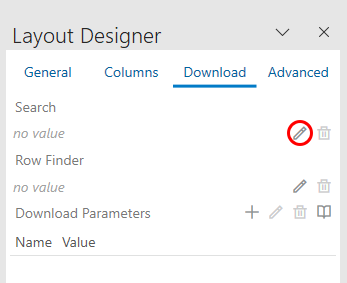 The image shows the Layout Designer's Query tab with the Edit icon in focus.