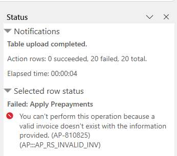 The Status Viewer showing a failure message for an action request