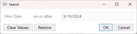 Search prompt that returns rows with a hire date on or after 9/19/2024 Search prompt that returns rows with a hire date on or after 9/19/2024