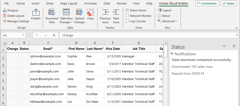 The image shows the shows the Oracle VBCS tab and the initial data table in the Excel workbook.