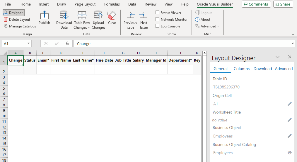 The data table and Layout Designer that appear in the Excel workbook after you specify the business object from which you
				want to download data.