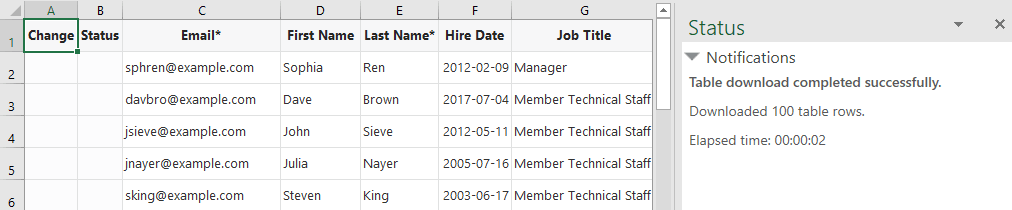 Shows a data table in the Excel workbook with employee data, such as name, email, department, and hire date.