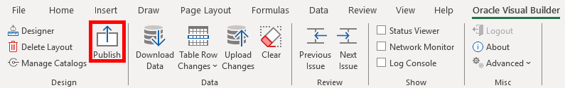 The image shows the shows the Oracle Visual Builder tab with the Publish command in focus.