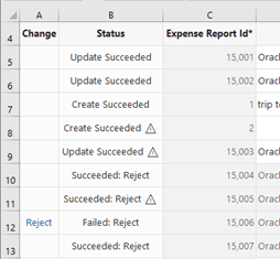 This image shows warning icons in the Status column following an upload. This image shows warning icons in the Status column following an upload.
