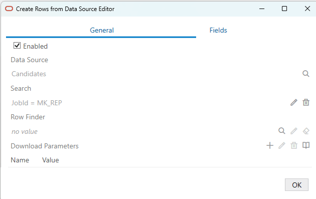 Create Rows from Data Source Editor, General tab Create Rows from Data Source Editor, General tab
