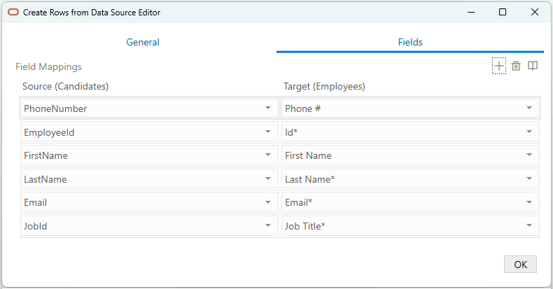 Create Rows from Data Source Editor, Fields tab Create Rows from Data Source Editor, Fields tab