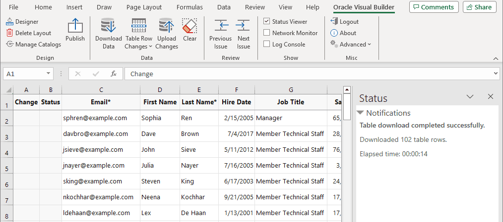 The image shows the shows the Oracle VBCS tab and the initial data table in the Excel workbook.