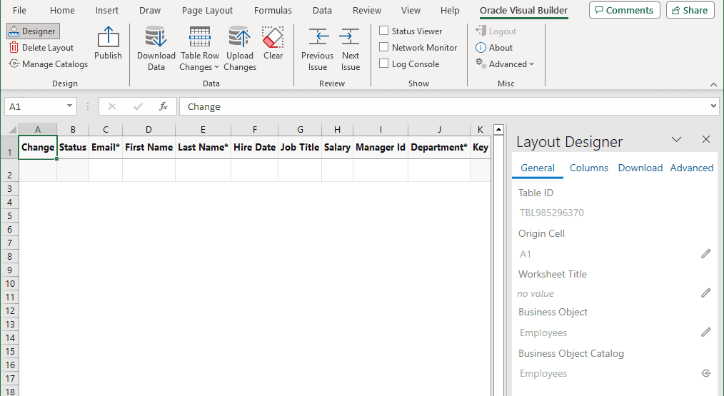 The data table and Layout Designer that appear in the Excel workbook after you specify the business object from which you
				want to download data.