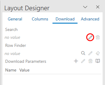 The image shows the Layout Designer's Query tab with the Edit icon in focus.
