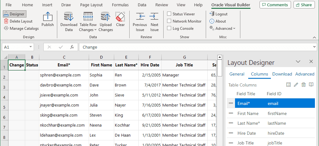 The image shows initial data table in the Excel workbook and the Layout Designer where you configure the data table.
