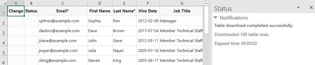 Shows a data table in the Excel workbook with employee data, such as name, email, department, and hire date.