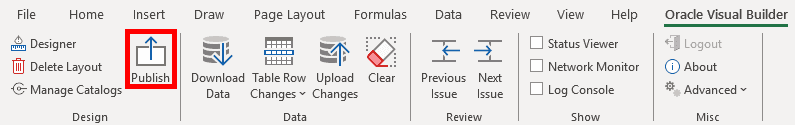 The image shows the shows the Oracle Visual Builder tab with the Publish command in focus.