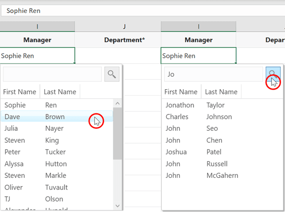 The search-and-select window showing two columns