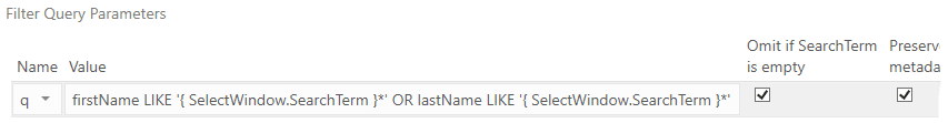 A search term parameter that matches a search term to either of two fields