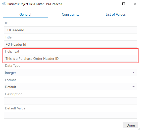 The Business Object Field Editor showing the Help Text property