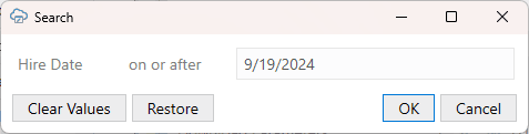 Search prompt that returns rows with a hire date on or after 9/19/2024
