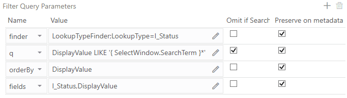 Filter query parameters showing a finder and a search term filter