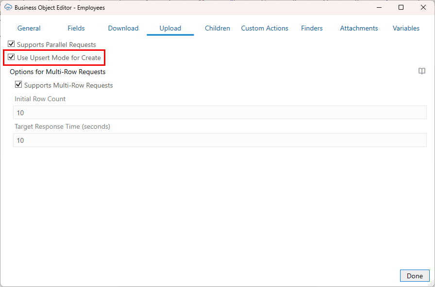 The Business Object Editor with Use Upsert Mode for Create enabled