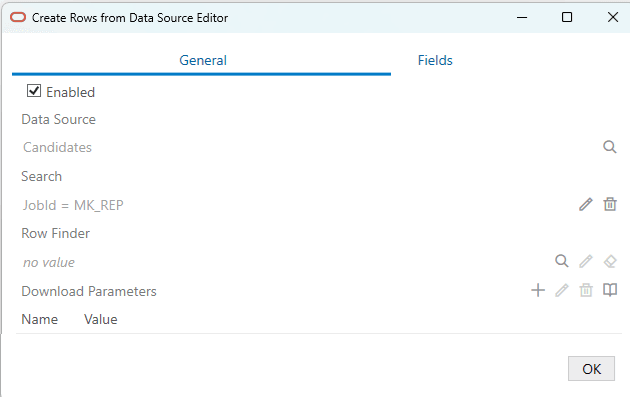 Create Rows from Data Source Editor, General tab