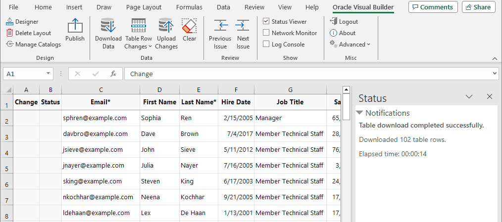 Excel worksheet after downloading employee data