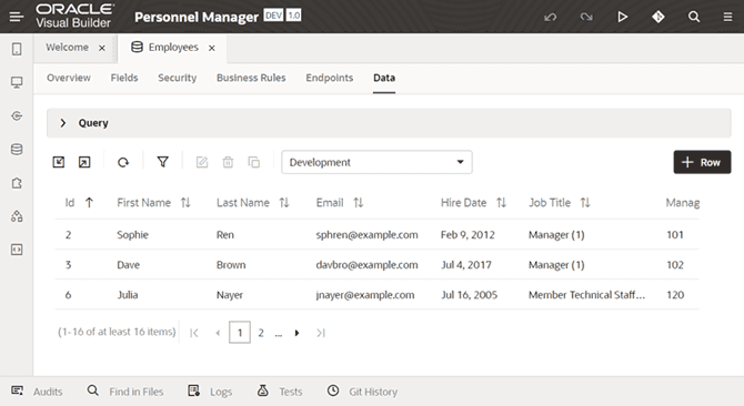 Visual Builder Data page showing uploaded employee changes