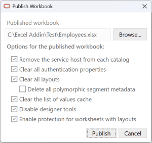Publish Workbook window with output file settings