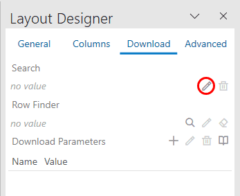 Layout Designer Download tab showing search query settings