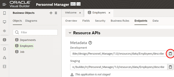 Visual Builder Endpoints page showing the metadata resource API URL