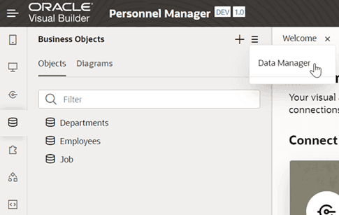 Visual Builder Data Manager page for the Employees business object