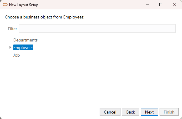 New Layout Setup wizard Business Object selection page