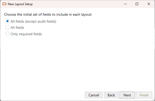 New Layout Setup wizard initial field set selection page